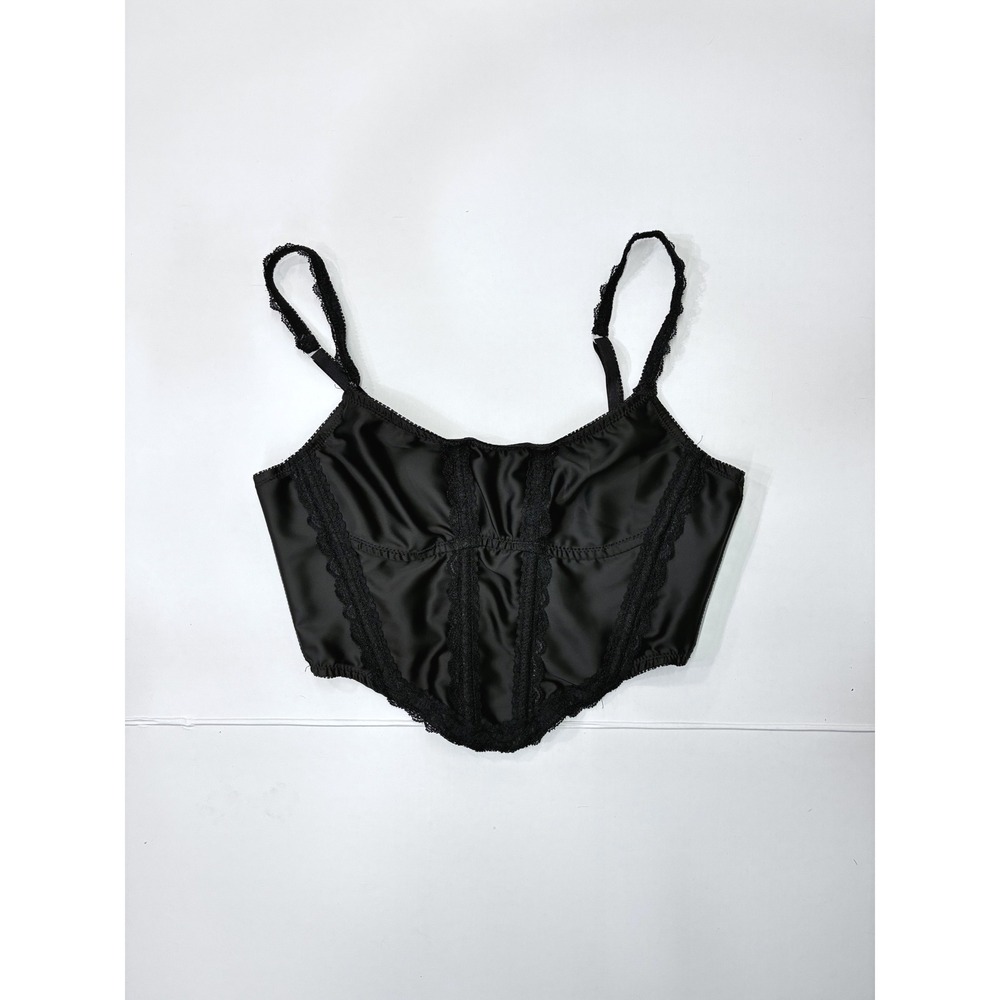 Black Satin Lace Trim Corset Crop Top Bustier Hook Eye Back Closure